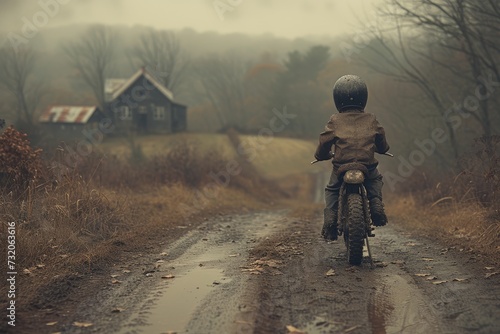Amidst the foggy countryside, a lone rider navigates their motorcycle through the winding dirt road, the wheels kicking up dust and grass as they disappear into the mist photo