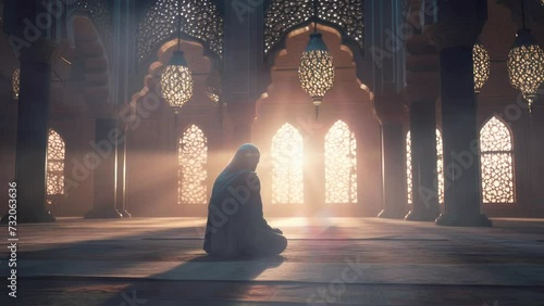 someone is praying inside a mosque decorated with decorative Ramadan motifs. seamless looping time-lapse virtual video animation background photo