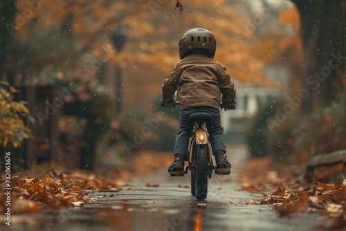 A carefree child braves the autumn rain, pedaling their bicycle along the wet path with determination and joy