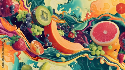 Pop Surrealist maximalist illustration or fruit, vintage inspired 