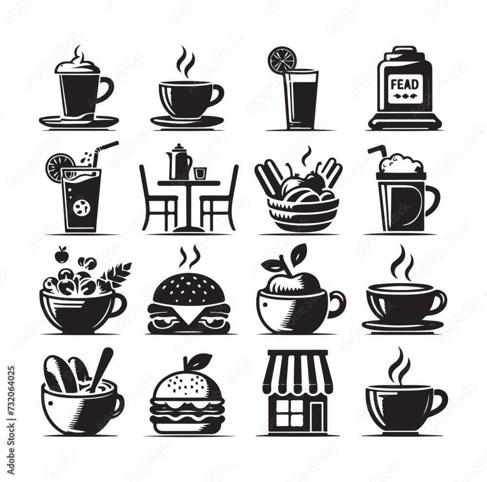 Set of cafe icons, restaurant icon, food and drink icon vector design illustration Set of cafe icons, restaurant icon, food and drink icon vector design illustration