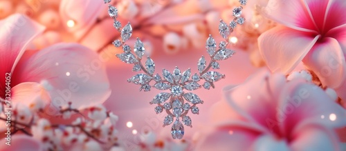 A detailed photo of a necklace beautifully adorned with pink flowers, showcasing an exquisite combination of terrestrial plants, petals, and vibrant colors like magenta and electric blue.