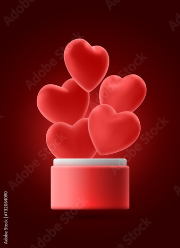 Red volumetric hearts fly out of open box on dark isolated background, vector realistic 3d illustration for greeting card, invitation card, declaration of love