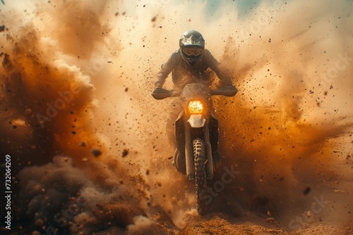 A fearless rider conquers the rugged terrain on their powerful motorcycle, kicking up clouds of dust as they navigate the offroading adventure