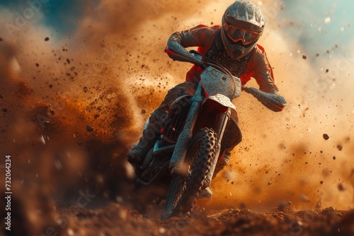A daring stunt performer revs their motorcycle engine, clad in a racing helmet and ready to conquer the outdoor terrain of motocross