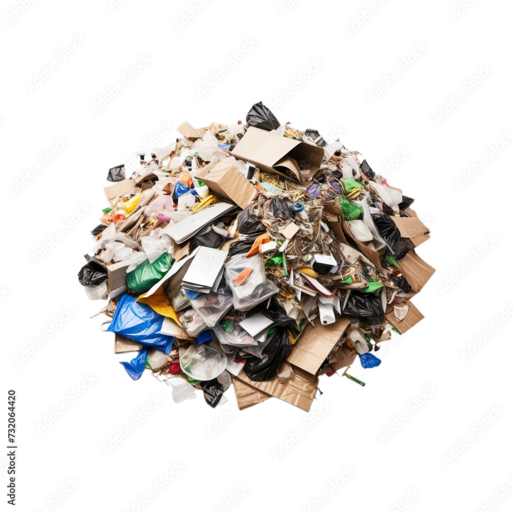 Large Pile of Mixed Garbage Including Plastic Bags, Cardboard Boxes, and Miscellaneous Waste Isolated on White Background