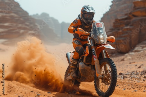 A daring motorcyclist races through the rugged desert terrain, kicking up a cloud of dust as they navigate their offroad vehicle with skill and precision
