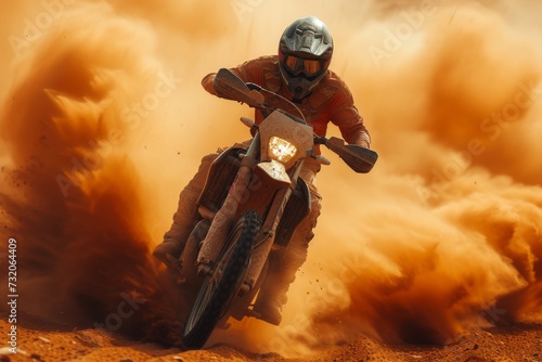 A daring motorcyclist races through the dusty terrain, performing stunts on their offroading vehicle as they push the limits of extreme sport © familymedia