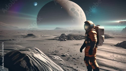 Astronaut explores barren planet. Suitable for sci-fi documentaries, educational videos, and space-themed presentations. photo