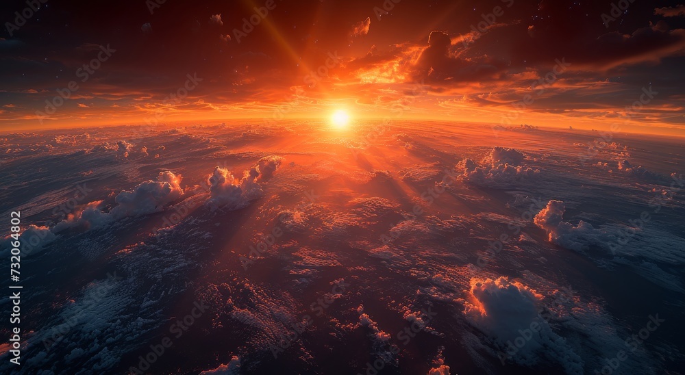 The fiery sun dips below the horizon, casting a warm glow over the billowing clouds and distant mountains, as if bidding farewell to the earth before venturing into the endless expanse of outer space