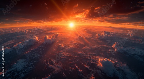 The fiery sun dips below the horizon, casting a warm glow over the billowing clouds and distant mountains, as if bidding farewell to the earth before venturing into the endless expanse of outer space photo