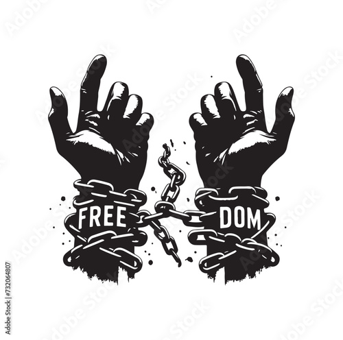 A pair of hands chained to a chain with the text words freedom. A pair of hand in handcuff. Hand drawn vector illustration.
