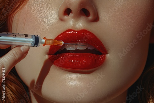 A woman carefully applies red lipstick to her lips, using a toothbrush as a tool for precision, showcasing her attention to detail and dedication to perfecting her cosmetic routine