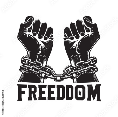 A pair of hands chained to a chain with the text words freedom. A pair of hand in handcuff. Hand drawn vector illustration.