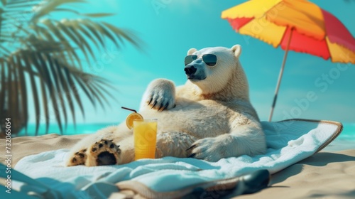 A polar bear reclines on a beach towel, sporting stylish sunglasses and sipping a cold drink, under the shade of a colorful umbrella.