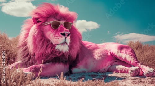 A striking pink lion exudes a cool aura while lounging on the ground, wearing a chic pair of sunglasses, set against a vivid blue sky backdrop.