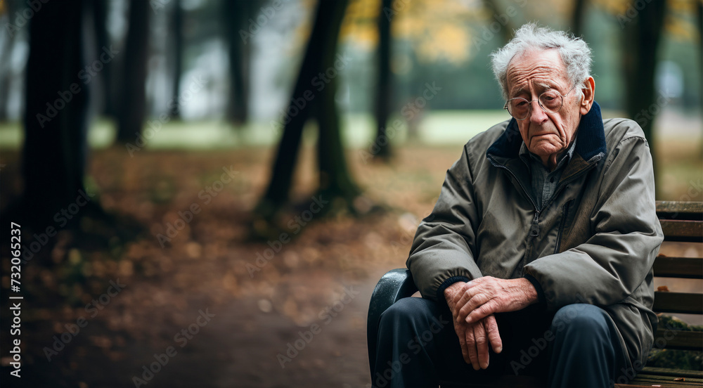 An elderly man sitting alone on a park bench in autumn, his expression reflecting solitude or contemplation, evoking themes of aging, reflection, and melancholy. An elderly man sitting alone on a park bench in autumn, his expression reflecting solitude or contemplation, evoking themes of aging, reflection, and melancholy.