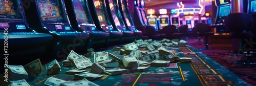 The opulent interior of a casino is the perfect backdrop for the impressive mounds of money on the gaming floor. photo