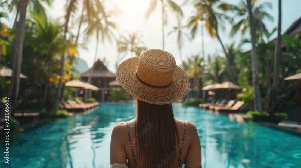 Back view of a woman wearing a straw hat, looking over a tranquil pool surrounded by tropical palm trees at an upscale resort.