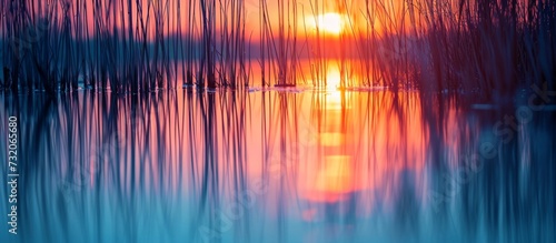 The natural landscape transforms as the sun sets, casting amber, orange, and purple tints on the water. The reflected sun creates a stunning pattern, turning the surface into a piece of art.