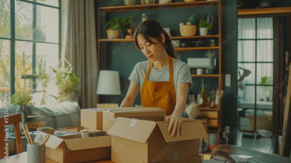 A young entrepreneur carefully arranges parcels in a sunlit room filled with houseplants, embodying a productive home business atmosphere. A young entrepreneur carefully arranges parcels in a sunlit room filled with houseplants, embodying a productive home business atmosphere.
