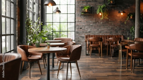 Inviting cafe setting with leather chairs and wooden tables, warm lighting, and green plants enhancing a cozy ambiance.