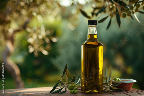 The image features a tall, transparent bottle of golden olive oil, capped with a black top, sitting serenely on a wooden surface.  photo
