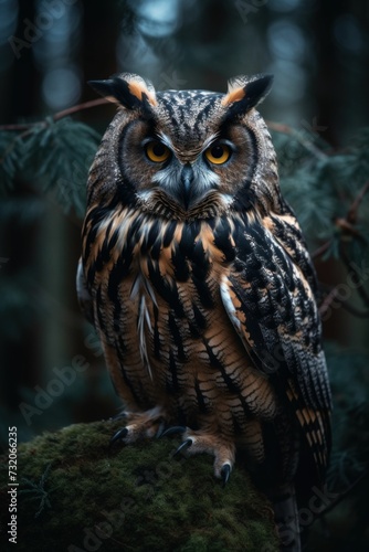 AI generated illustration of a beautiful owl perched atop a rock in a pine tree forest © Wirestock