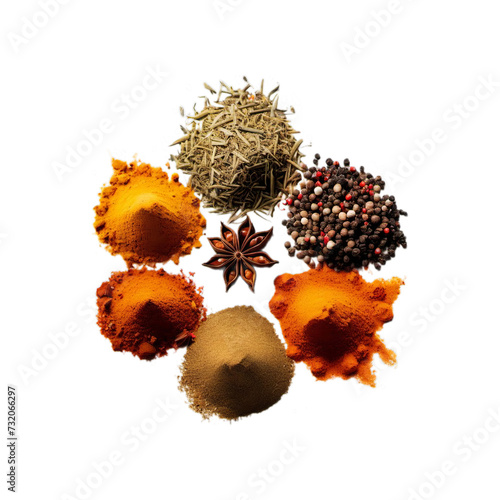 ariety of Colorful Ground Spices Isolated on White Background Including Turmeric, Cumin, and Mixed Peppercorns photo