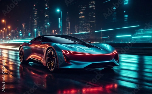 Futuristic EV car or luxury sports car, supercar, fast vehicle on highway with full self driving system activated for transportation autonomy concepts as wide banner with copy space area