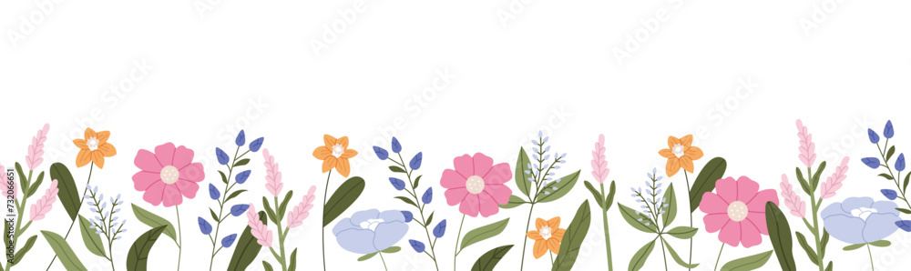 Border with colorful flowers and leaves