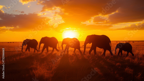 A group of silhouetted elephants roams across a vast and open savanna as the sun sets in a burst of warm colors. © Justlight