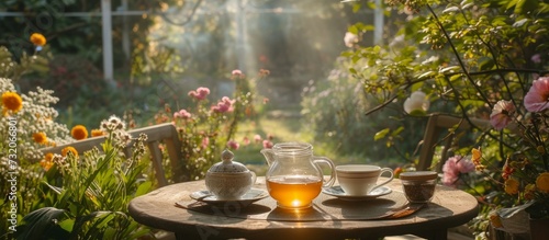 A garden table adorned with tableware and drinkware, featuring two cups of tea, a teapot, surrounded by natural landscapes, grass and plants.