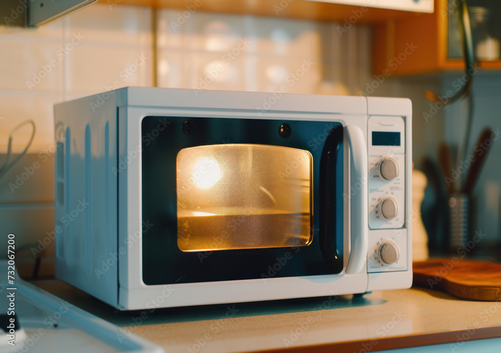 Obraz premium Modern Microwave Oven in Action in a Home Kitchen.