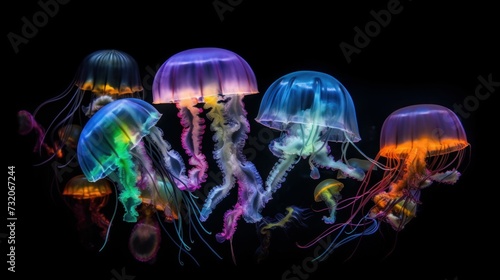 AI generated illustration of a variety of brightly colored jellyfish swimming in harmony