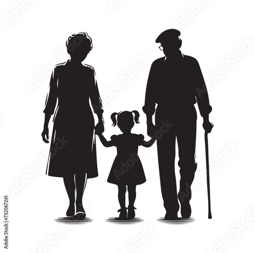 Silhouette vector of grandparents walking with granddaughter Illustration icon