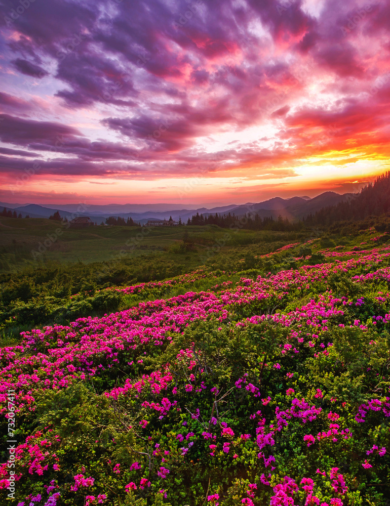 flowering pink rhododendron flowers, amazing summer panoramic nature scenery.	