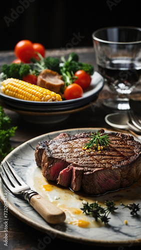Medium rare steak with grilled vegetables.