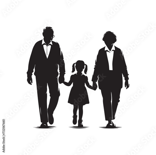 Silhouette vector of grandparents walking with granddaughter Illustration icon