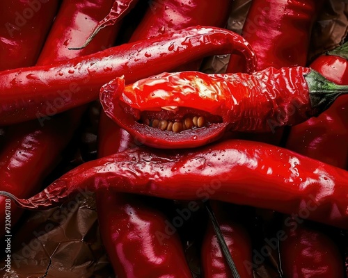 A close up of red hot peppers. Generative AI.