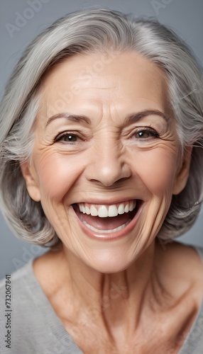 Beautiful gorgeous 50s mid age beautiful elderly senior model woman with grey hair laughing and smiling. Mature old lady close up portrait. Healthy face skin care beauty, skincare cosmetics, dental. © Antonio Giordano