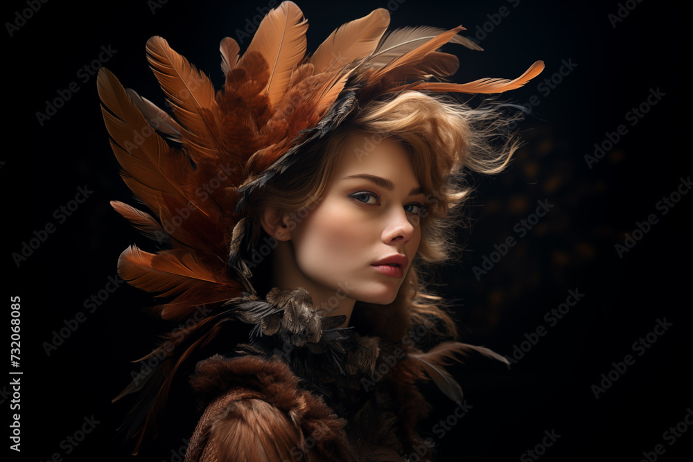 Portrait einer Frau mit braunen Federn als Haarschmuck. Illustration vor dunklem Hintergrund - obrazy, fototapety, plakaty 