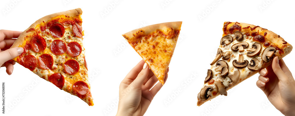 A Set of Pizza Slices: Mushroom, Four Cheese, Pepperoni in a Hand for Pizzeria Banners and Social Media Display, Isolated on Transparent Background, PNG A Set of Pizza Slices: Mushroom, Four Cheese, Pepperoni in a Hand for Pizzeria Banners and Social Media Display, Isolated on Transparent Background, PNG
