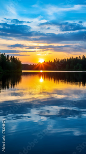 Sunrise over lake with rays of sunlight piercing through blue clouds and reflecting on the rippled water surface