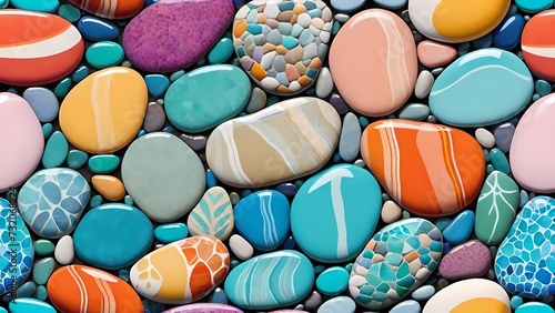 Collezione di ciottoli levigati in una varietà di colori pastello e tonalità naturali. photo