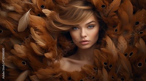 Portrait einer Frau mit braunen Federn. Illustration 
