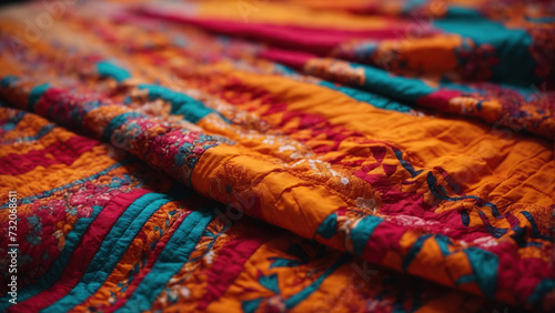 Textile with Bright Patterns Texture: The center of the frame is dominated by a textile surface with vivid patterns. Selective focus. Free space for text. © Sahaidachnyi Roman