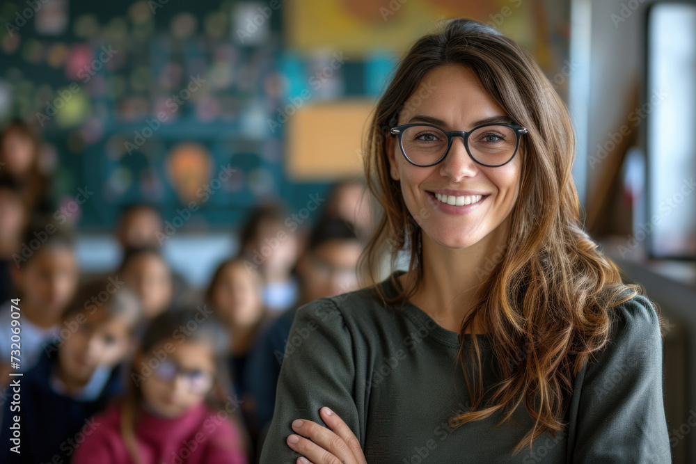 smiling teacher standing with students in classroom smiling teacher standing with students in classroom