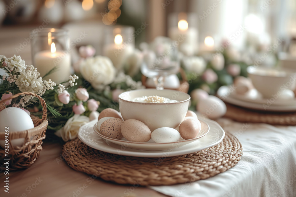 Fototapeta premium Welcoming Spring, A Cozy Scene of Earthy Pottery, Easter Eggs, and Blooms Suggesting Rebirth and Joy