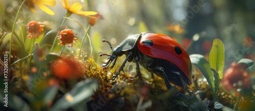 An arthropod insect, the ladybug, is perched on a flower amidst the grass, displaying the harmonious interaction between invertebrates and terrestrial plants in natural landscapes. © AkuAku